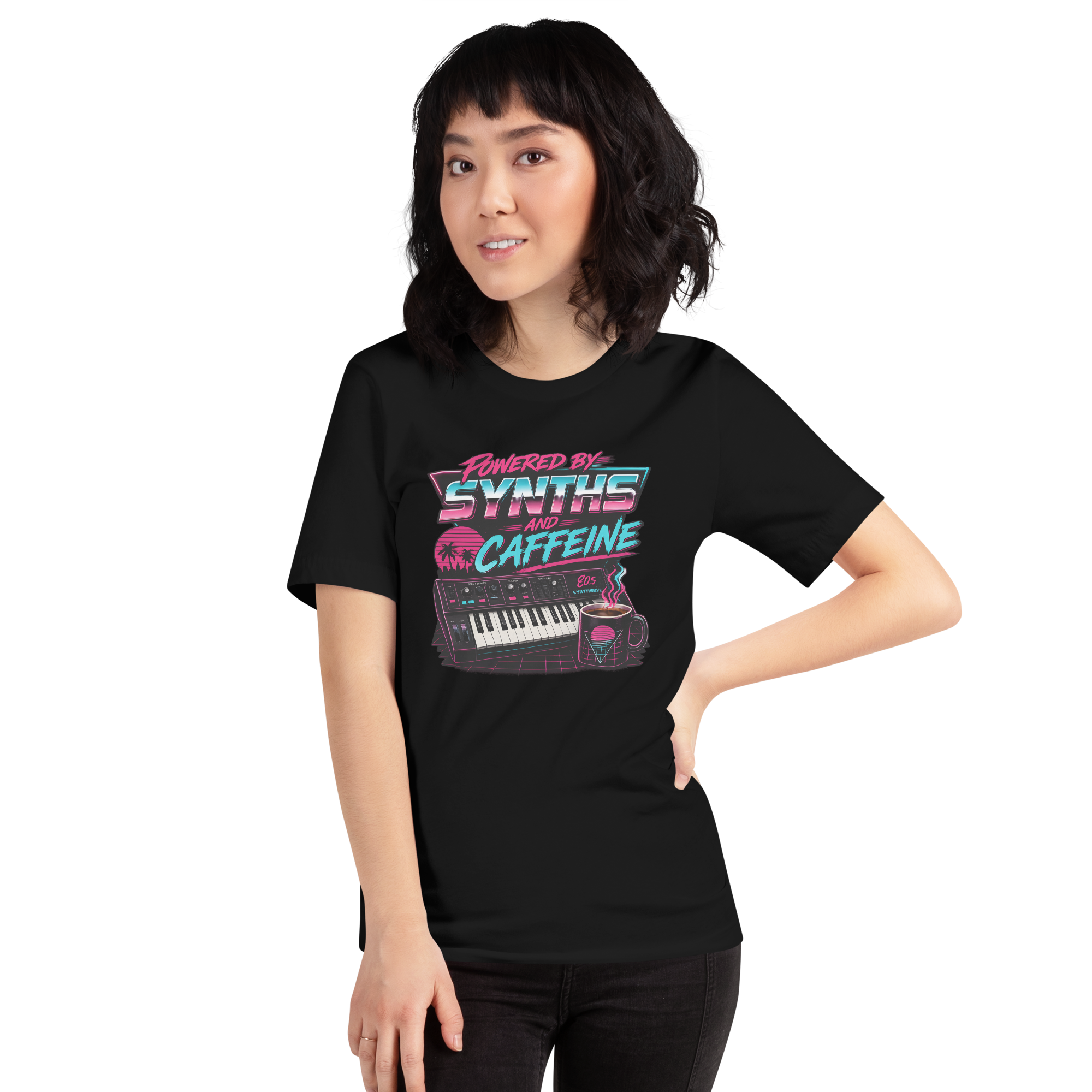 Powered by Synths and Caffeine - Retro Synthwave T-Shirt