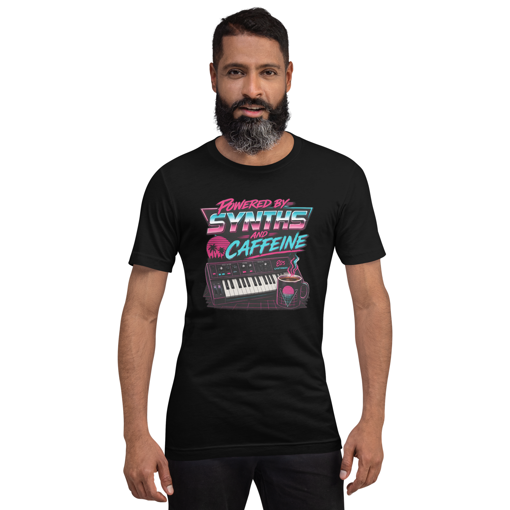 Powered by Synths and Caffeine - Retro Synthwave T-Shirt